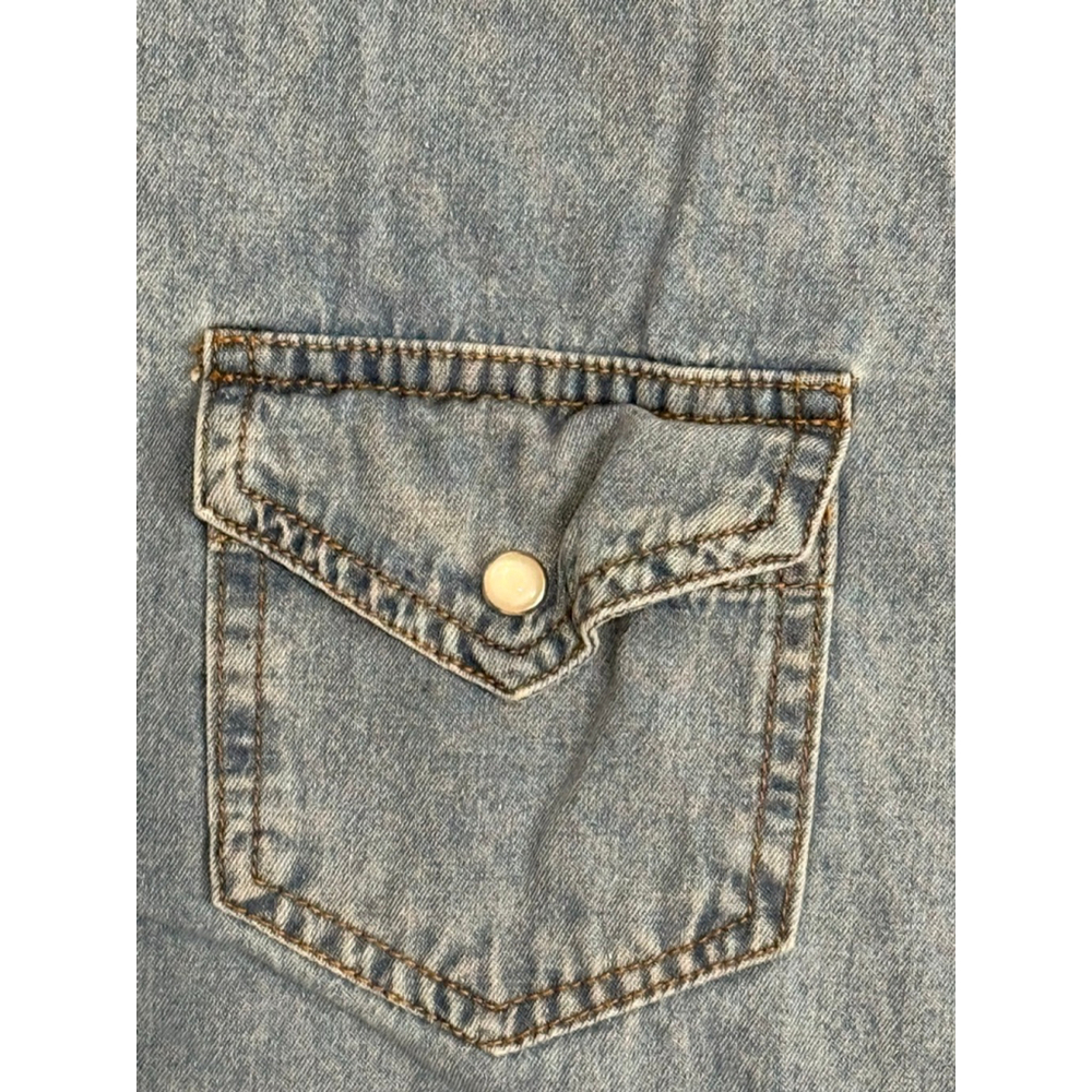 VICI Womens Chambray Denim Mini Dress Pearl Snap Front Ruffle Tiered Sz S - Picture 6 of 7